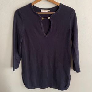 Tory Burch Navy Blue V Neck Side Slit Tunic Sweater Top With Gold Accent Size XS